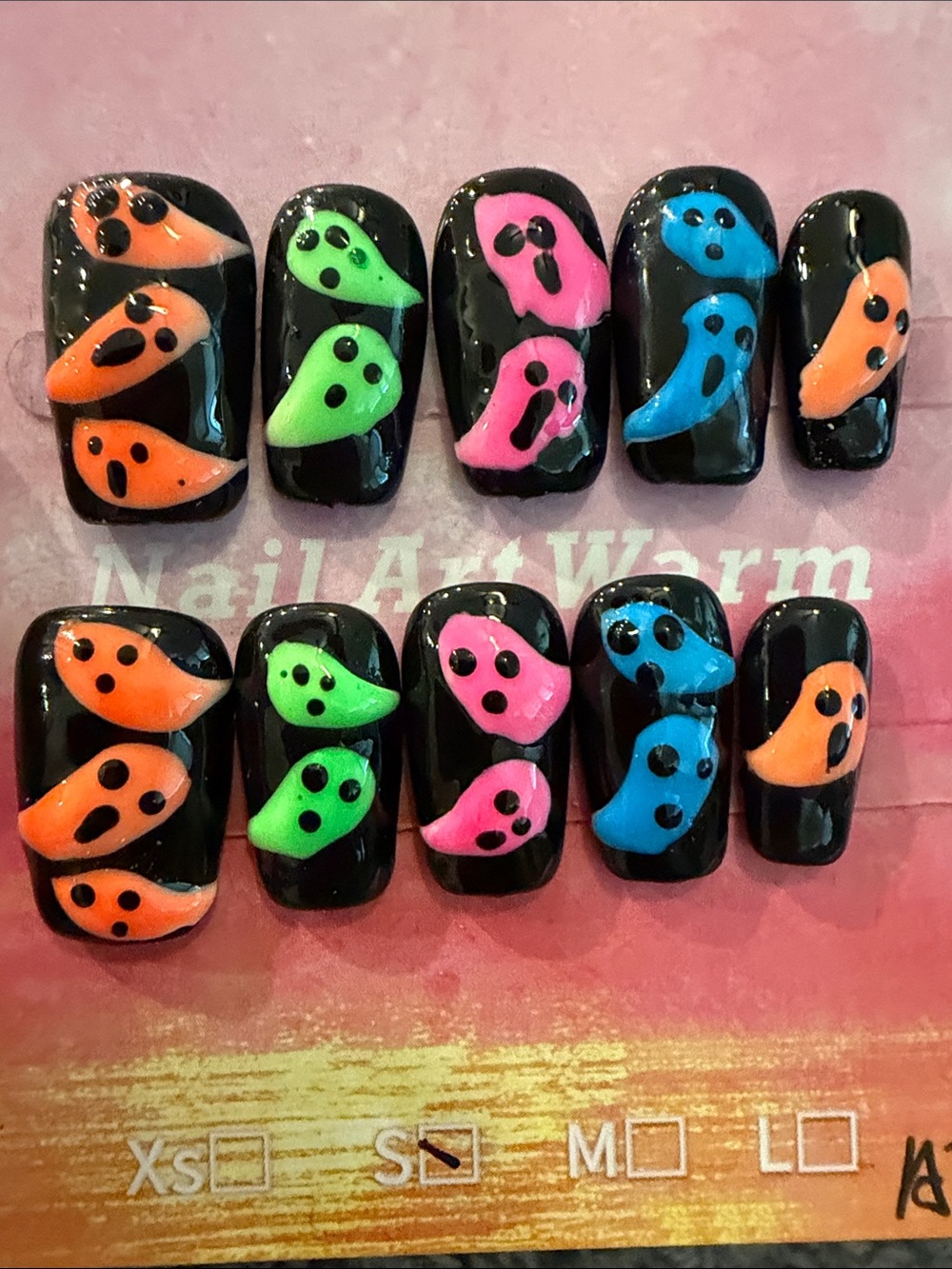 Handmade acrylic press on Nail - Black Base with glow in the dark Ghost Accents